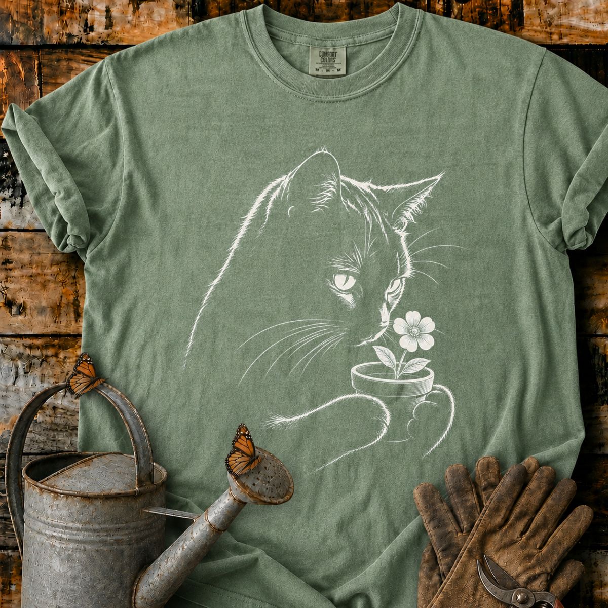 Black Cat With Flower Pot Art T-Shirt