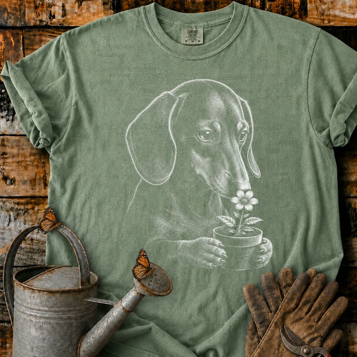Dachshund With Flower Pot Art T-Shirt