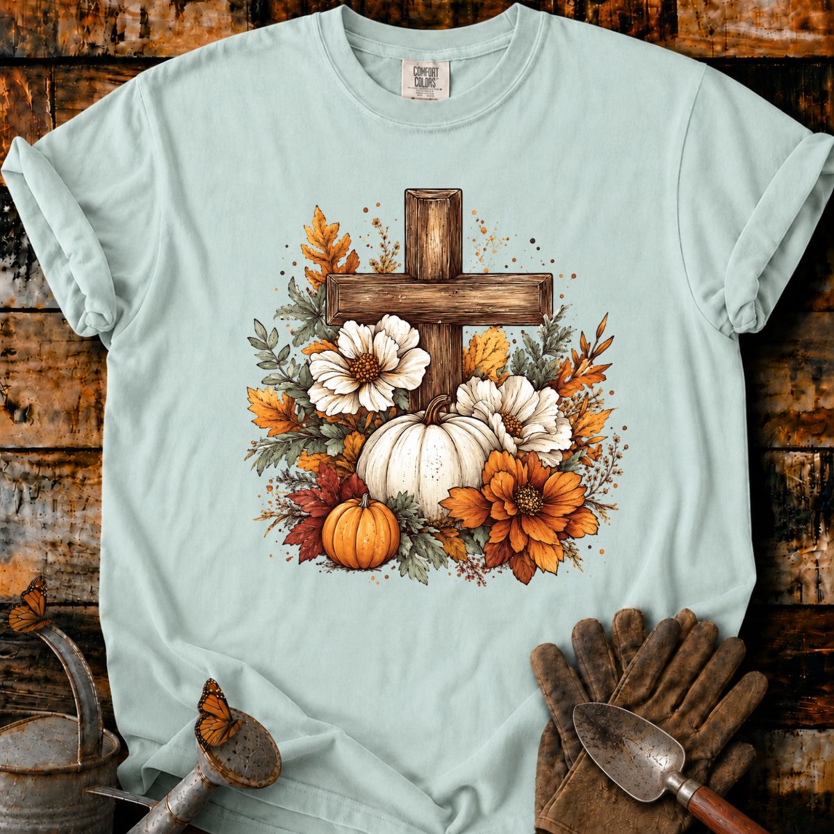 Rustic Autumn Cross with Pumpkins T-Shirt