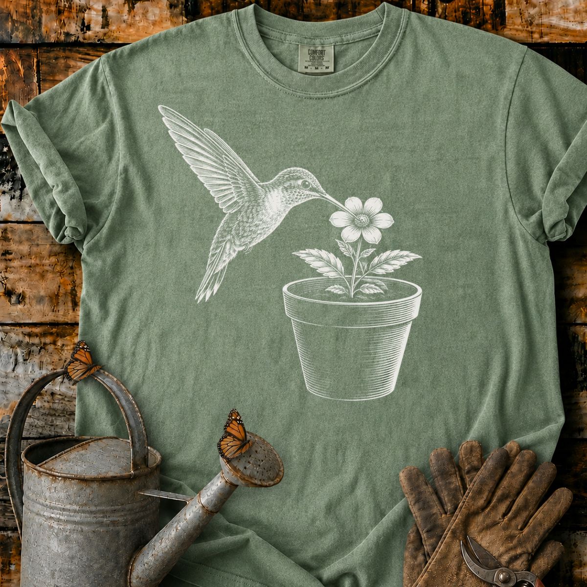 The hummingbird With Flower Pot Art T-Shirt