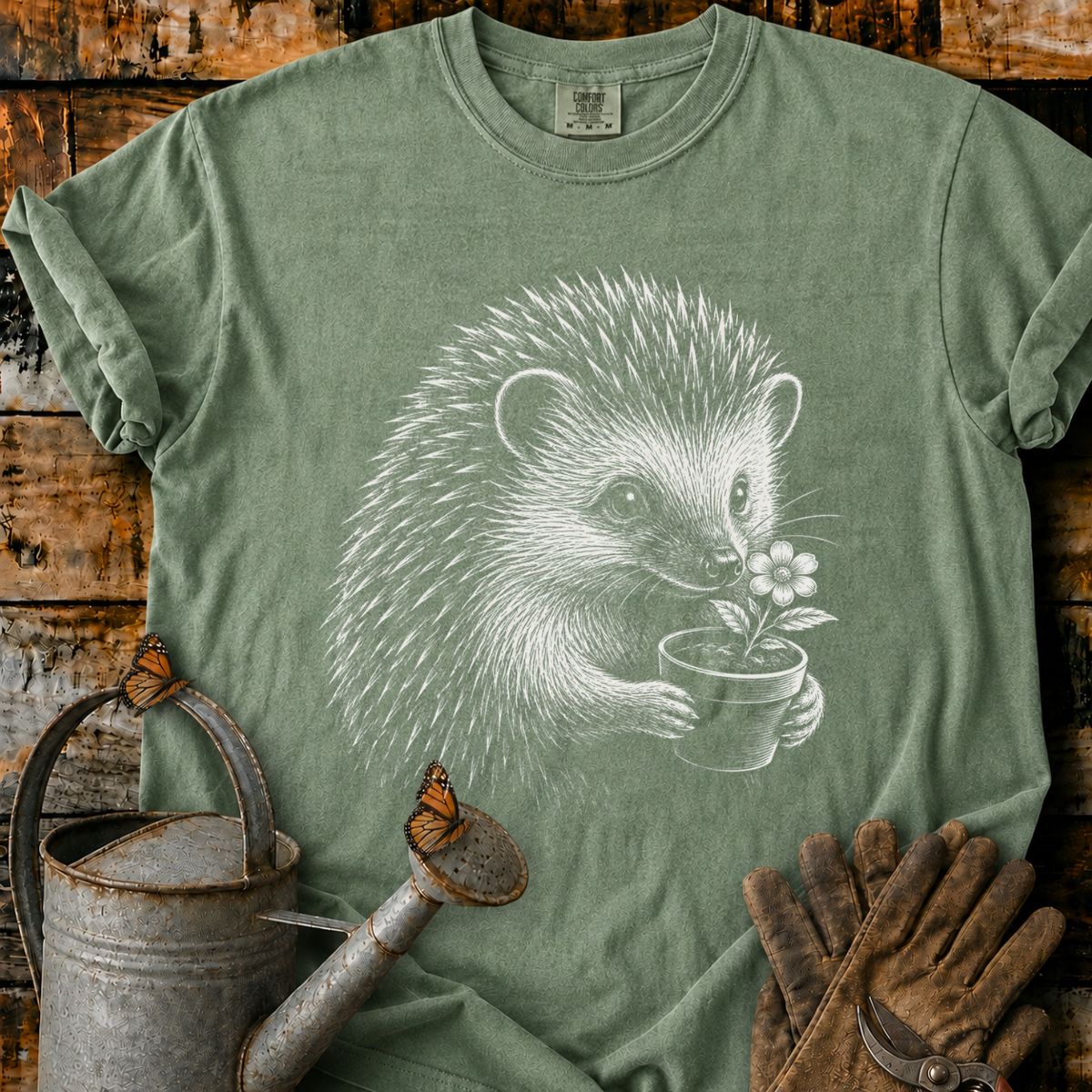 Hedgehog With Flower Pot Art T-Shirt