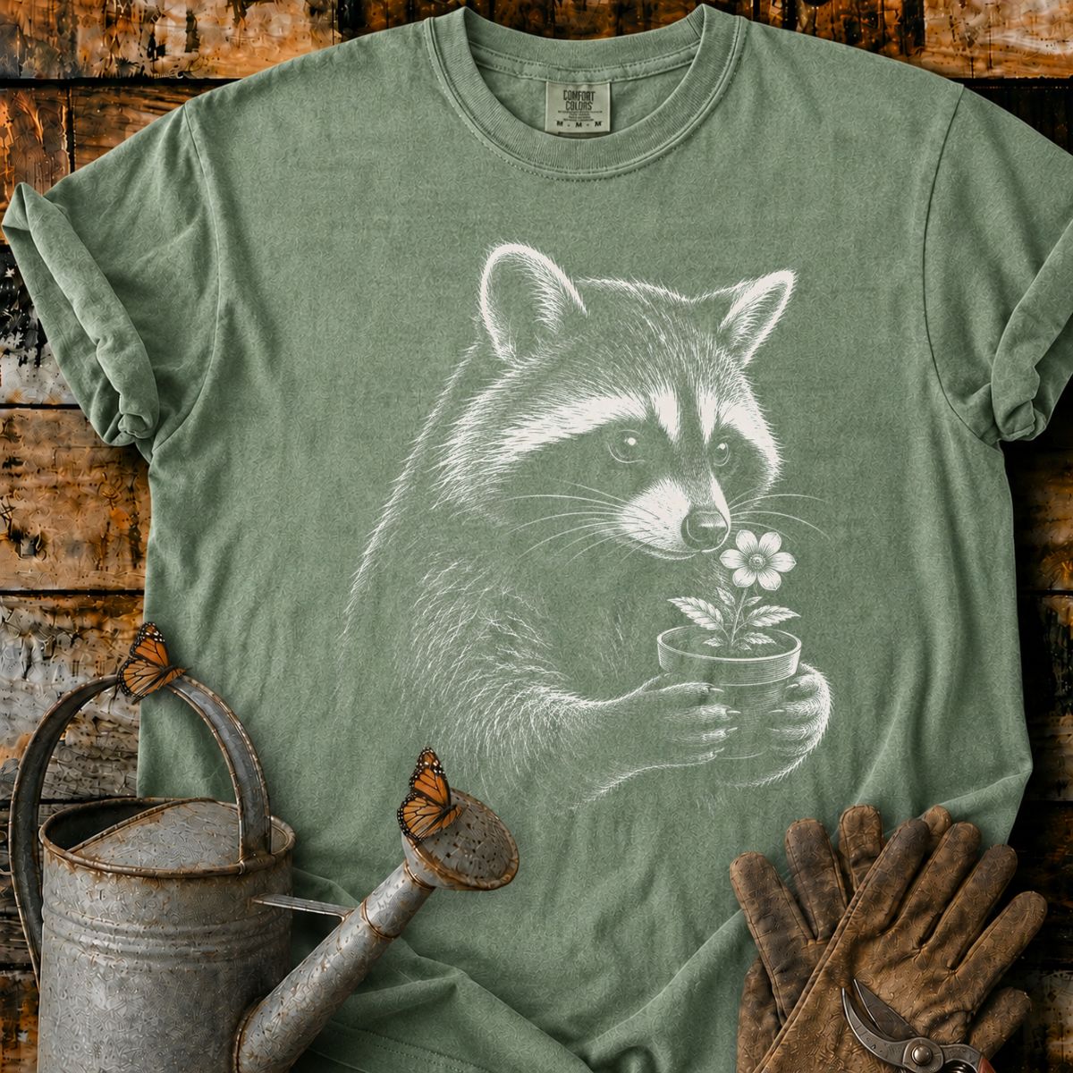 Raccoon With Flower Pot Art T-Shirt