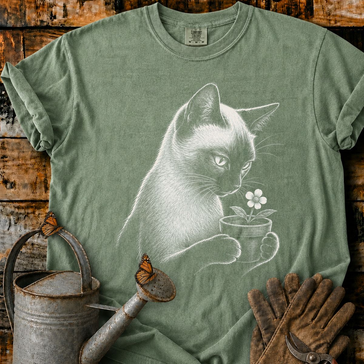 Siamese Cat With Flower Pot Art T-Shirt