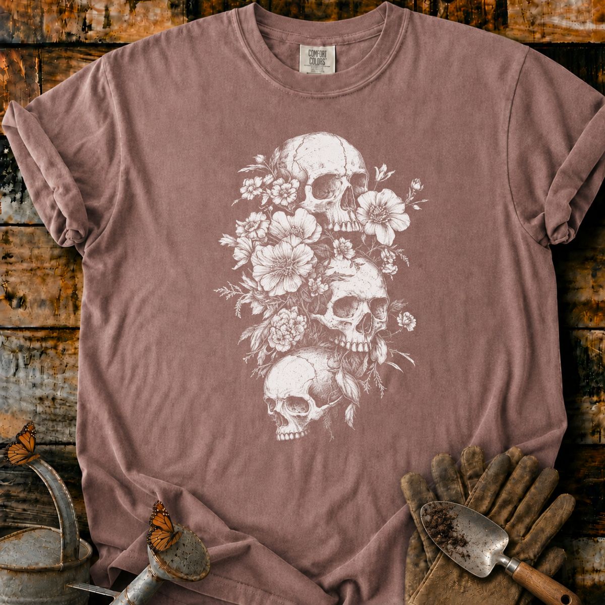 Gothic Skull and Floral Engraving T-Shirt