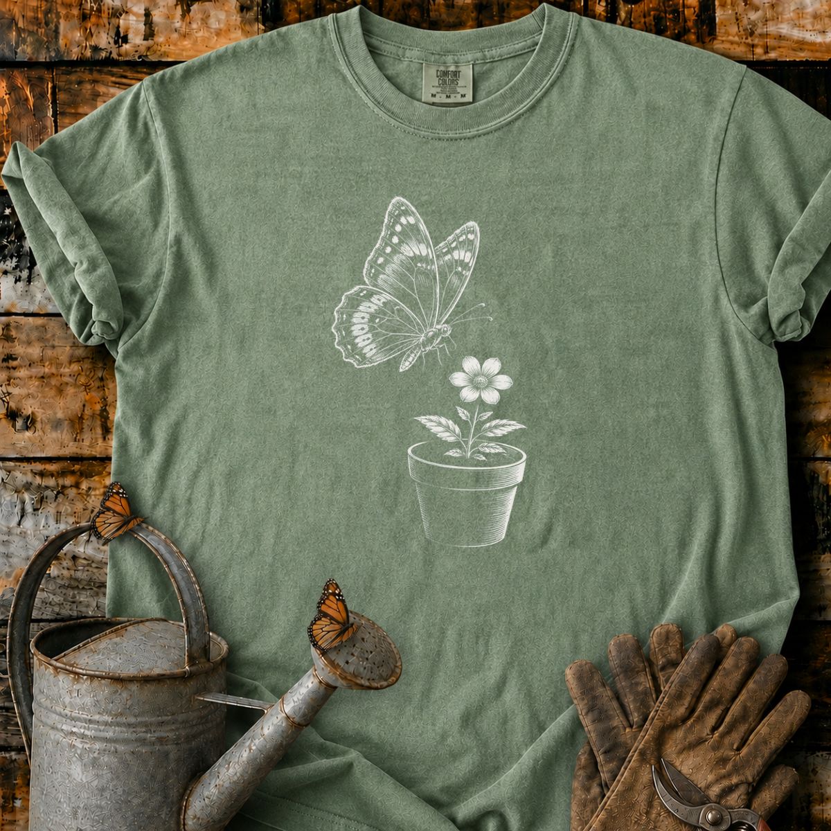 Butterfly With Flower Pot Art T-Shirt