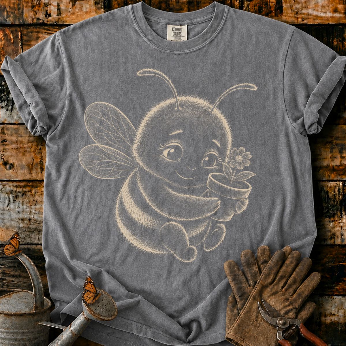 Bee With Flower Pot Art T-Shirt