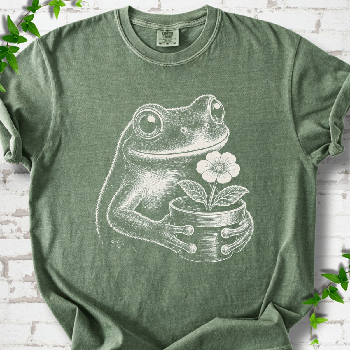 Frog With Flower Pot Art T-Shirt