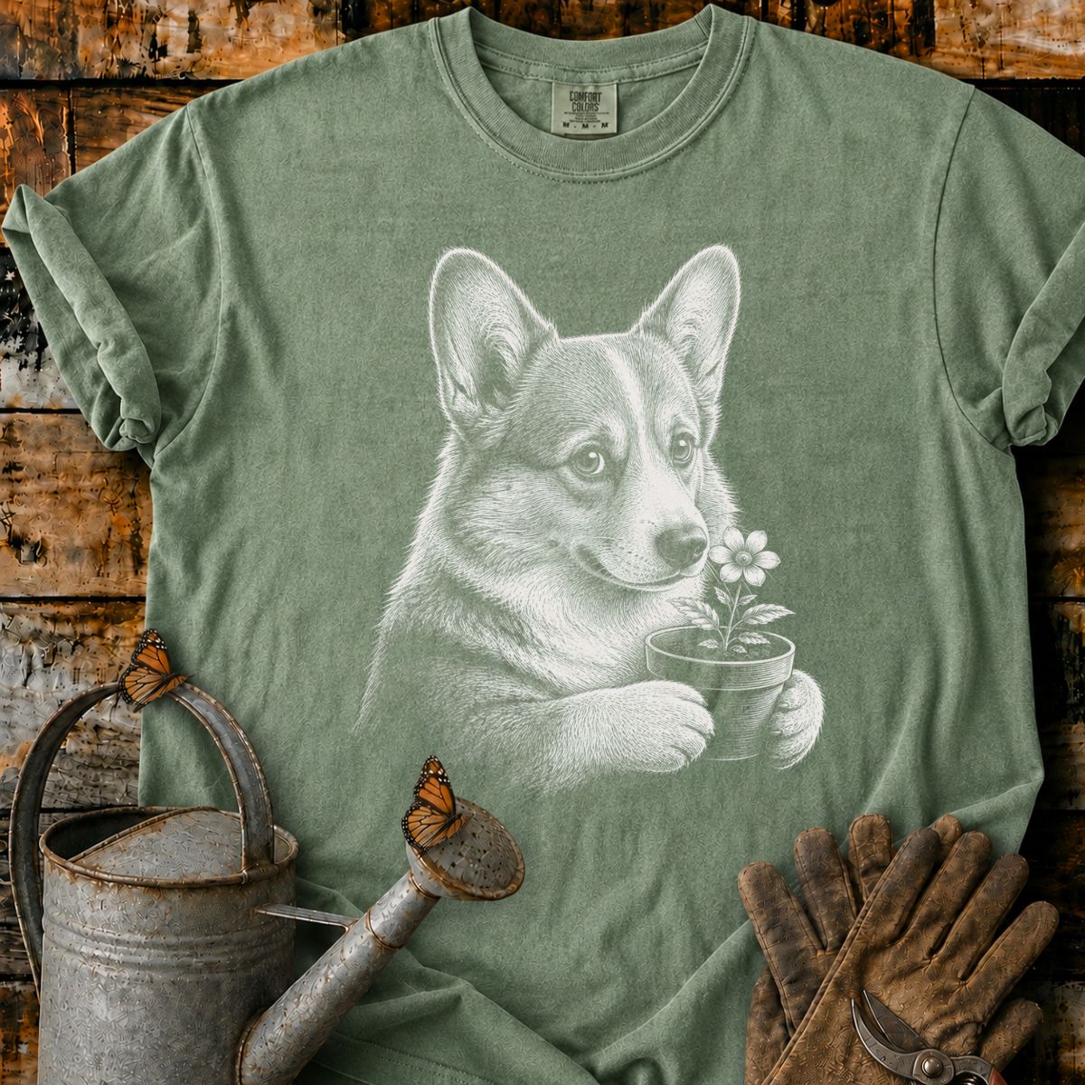 Corgi With Flower Pot Art T-Shirt