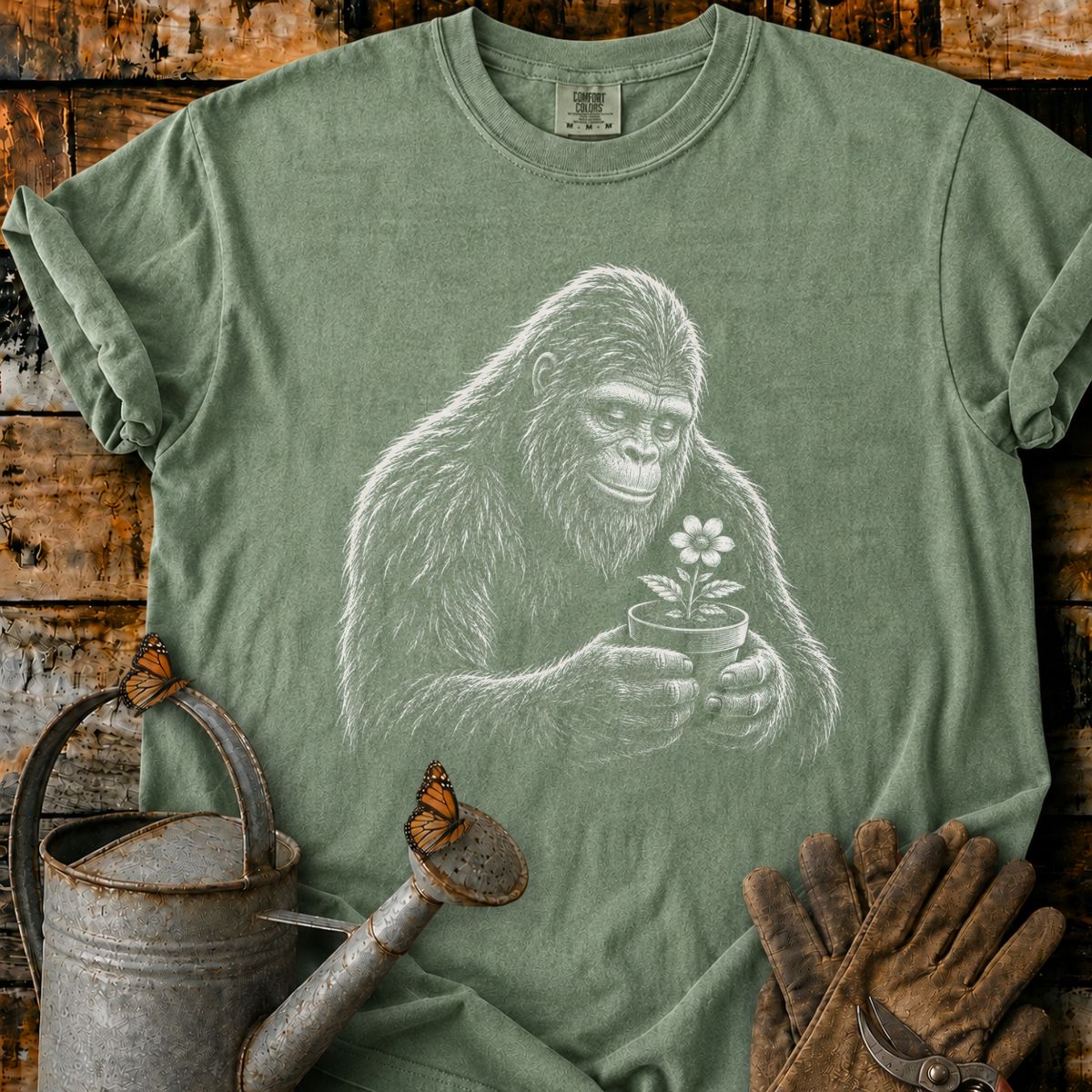 Bigfoot With Flower Pot Art T-Shirt