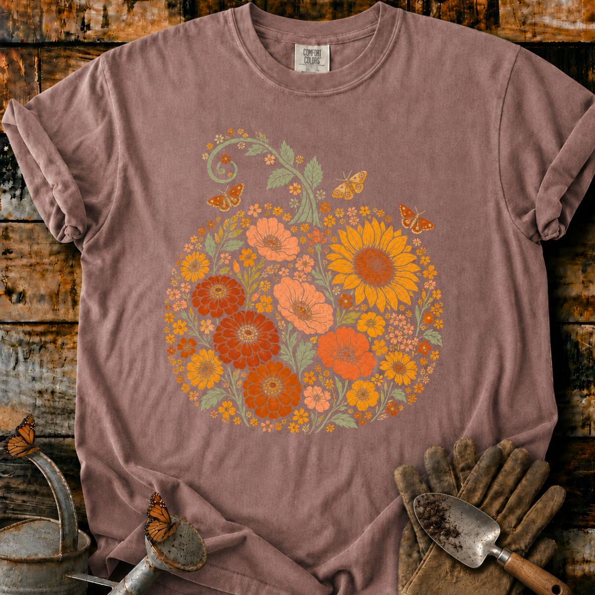 Asymmetrical Meadow Pumpkin with Sunflower and Moths T-Shirt