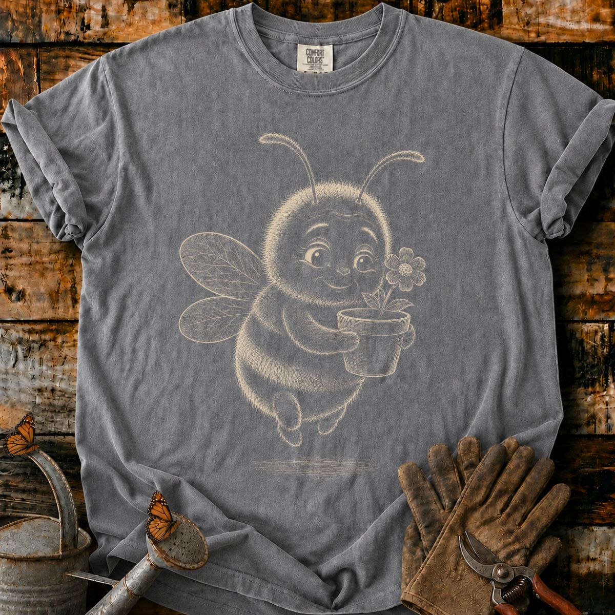Bee With Flower Pot Art T-Shirt