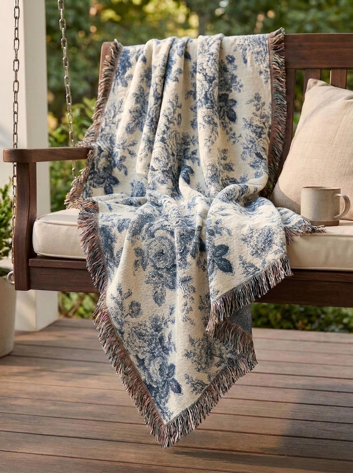 Blue Toile Rose Woven Blanket