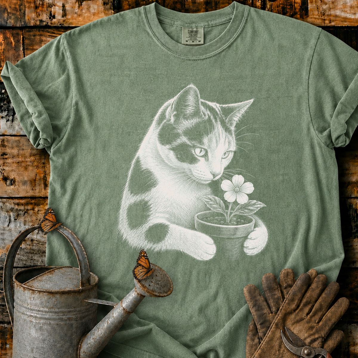 Calico Cat With Flower Pot Art T-Shirt