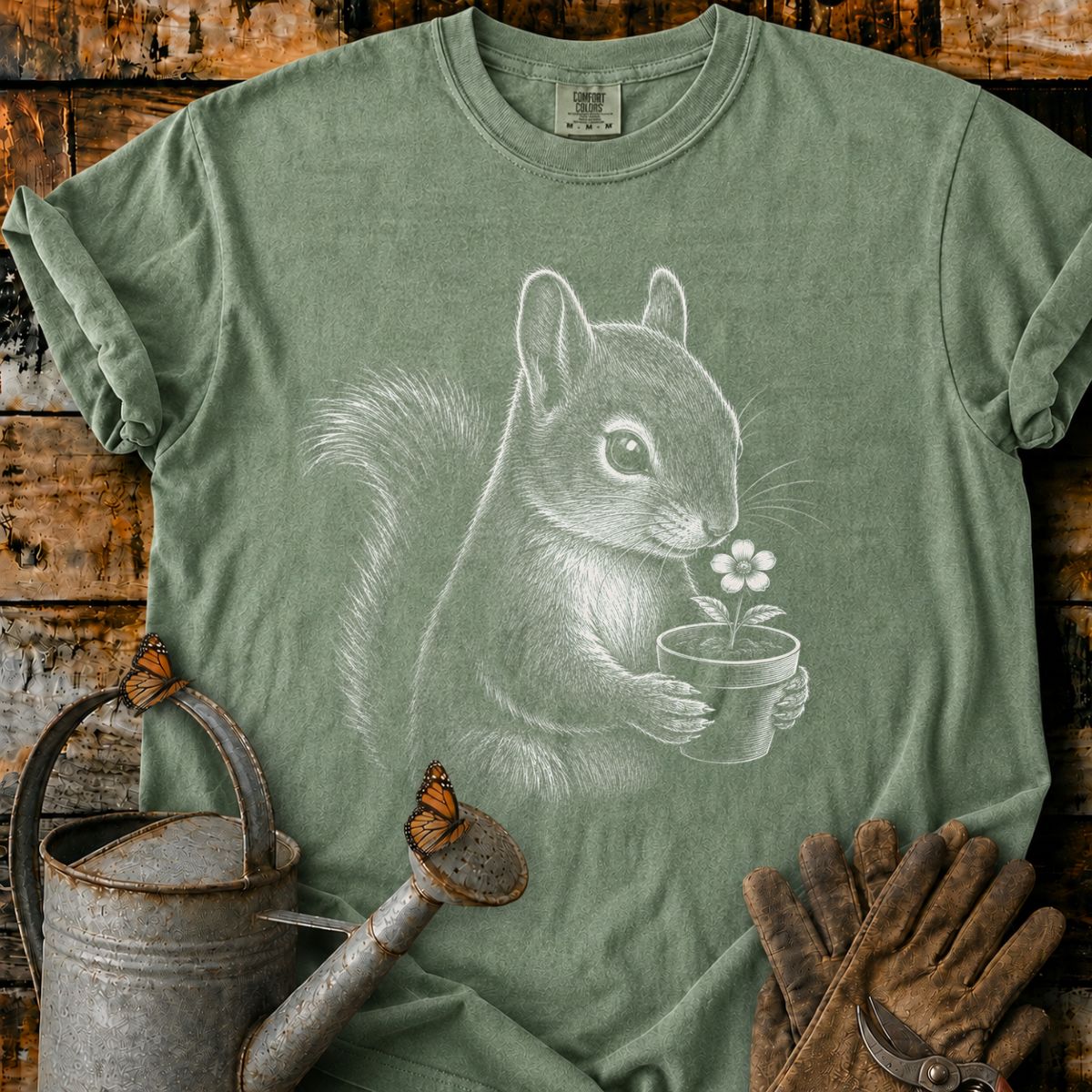 Squirrel With Flower Pot Art T-Shirt