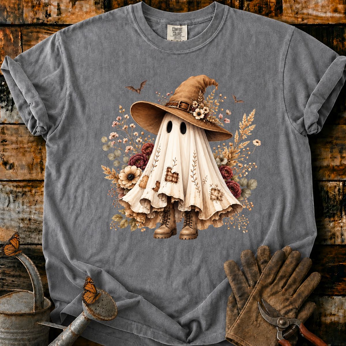Whimsical Ghost Witch in Autumn Blooms T-Shirt