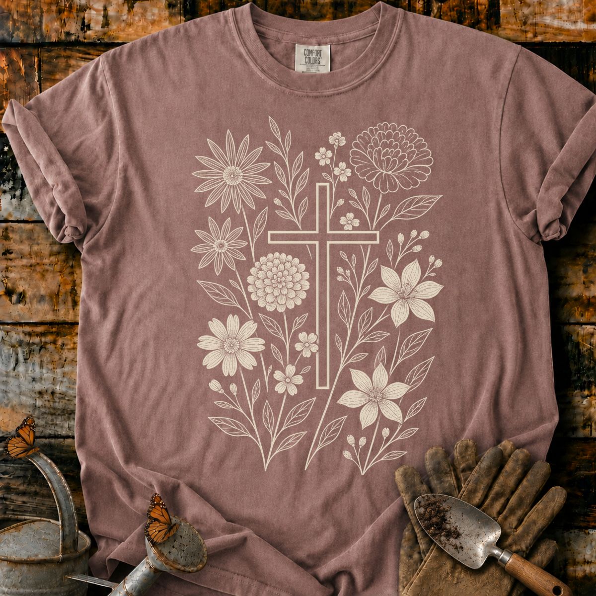 Vintage Botanical Cross Engraving T-Shirt