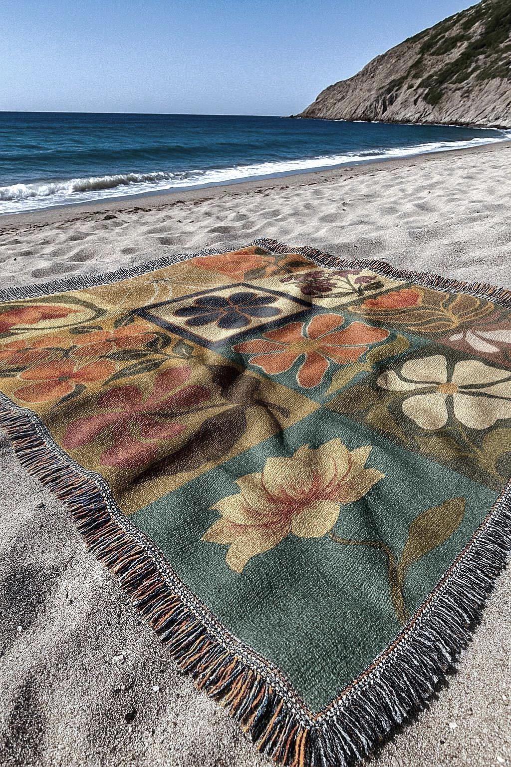 Retro Floral Grid Woven Blanket