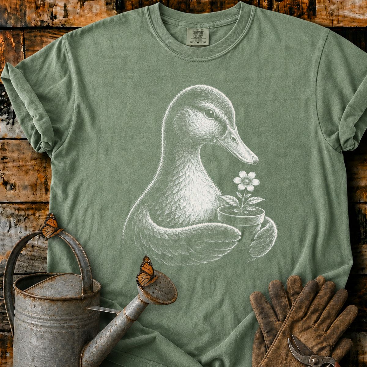 Duck With Flower Pot Art T-Shirt
