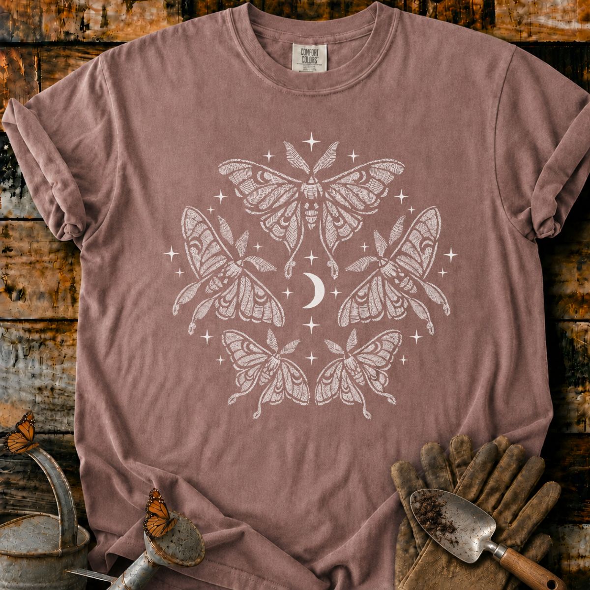 Five Luna Moths Around a Crescent Moon T-Shirt
