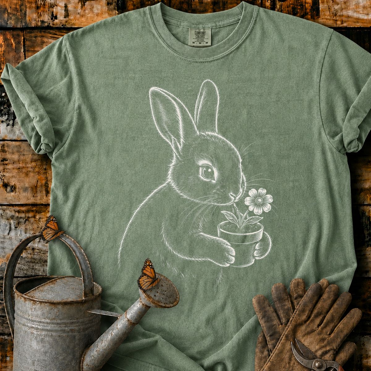 Rabbit With Flower Pot Art T-Shirt