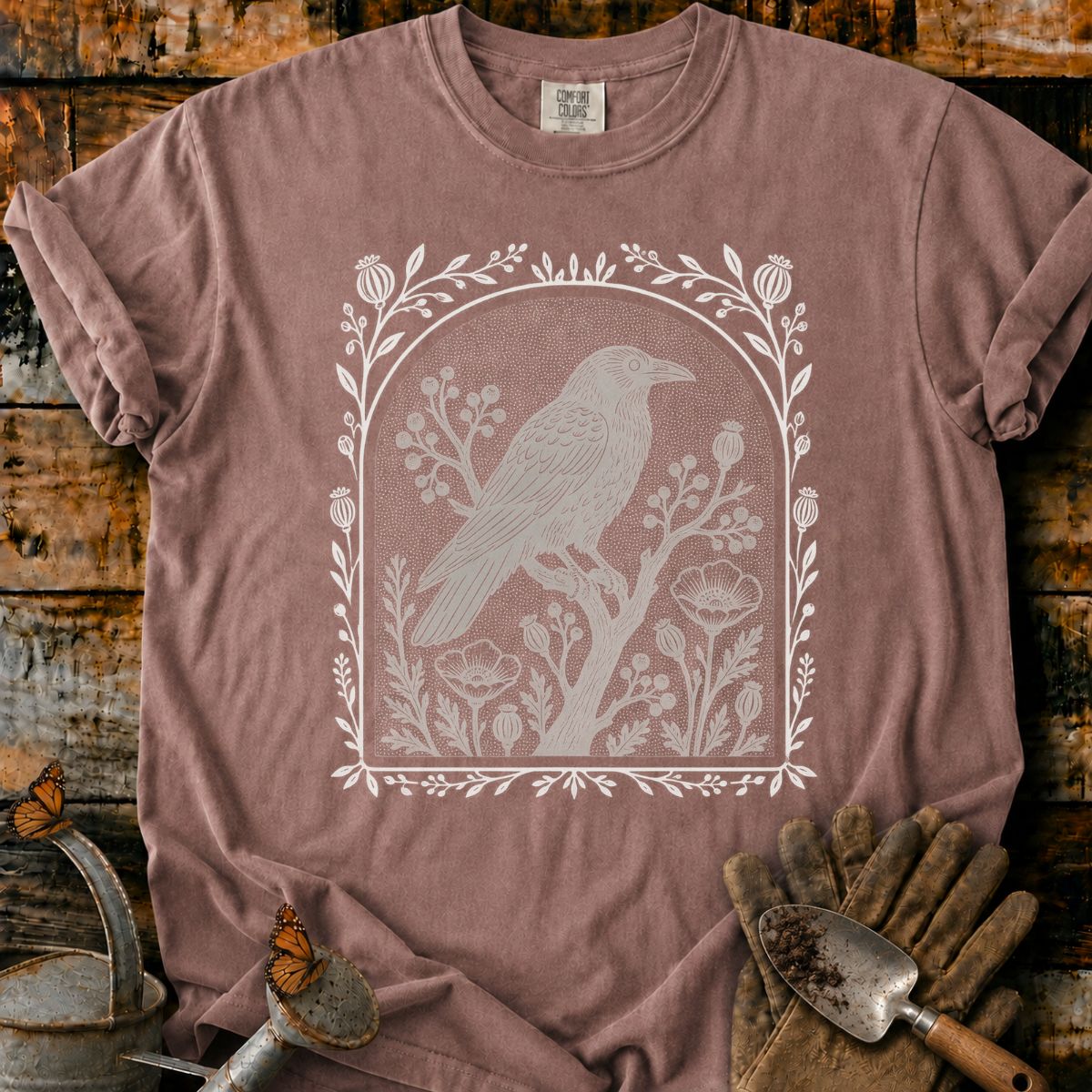 Lone Raven in a Botanical Arch T-Shirt