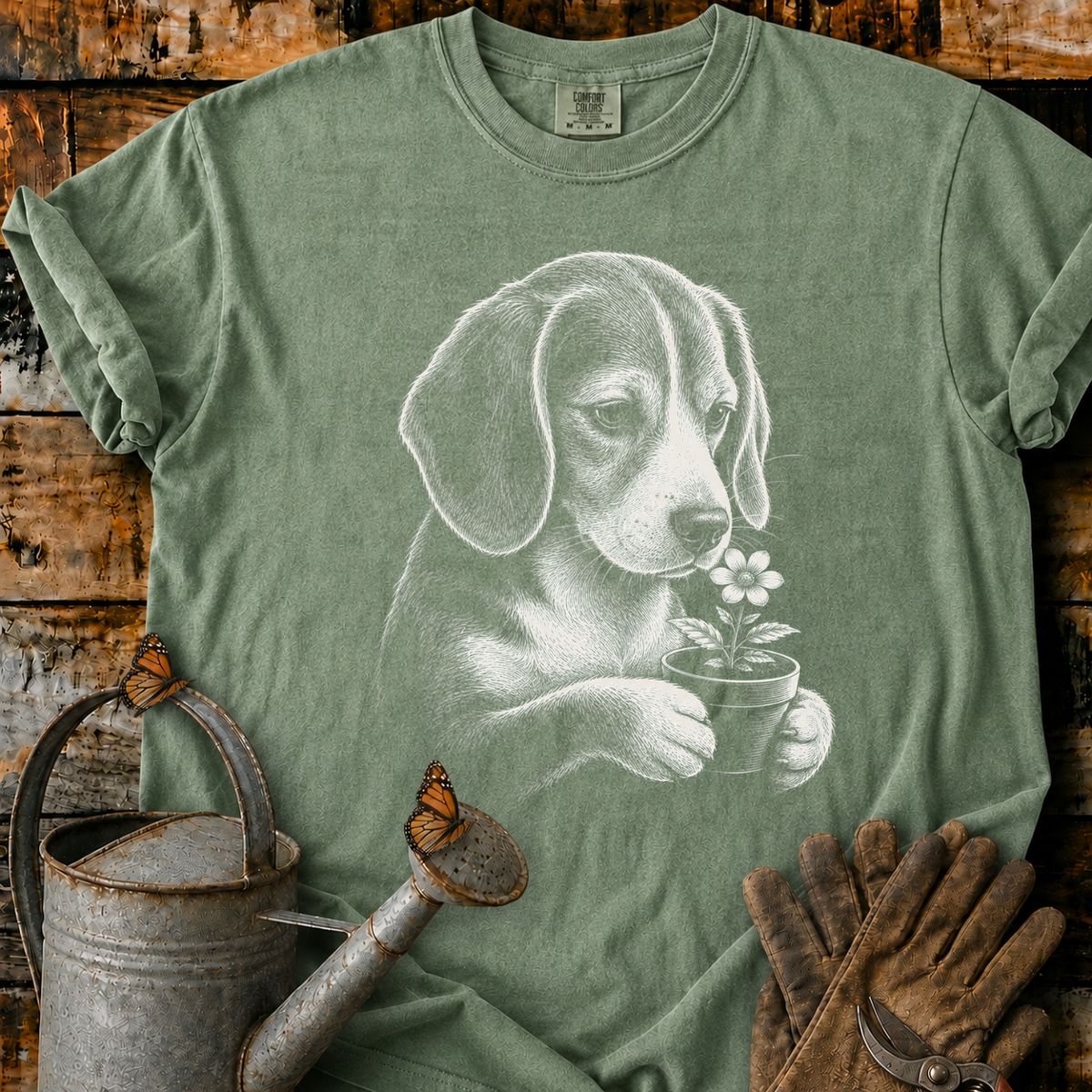 Beagle With Flower Pot Art T-Shirt