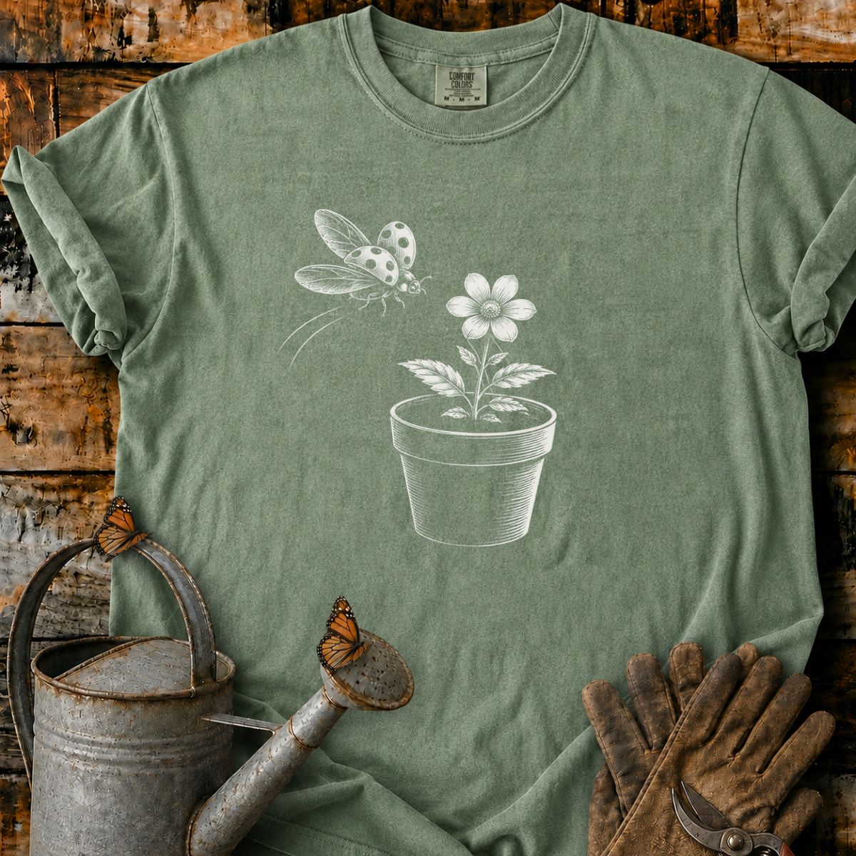 Ladybug With Flower Pot Art T-Shirt