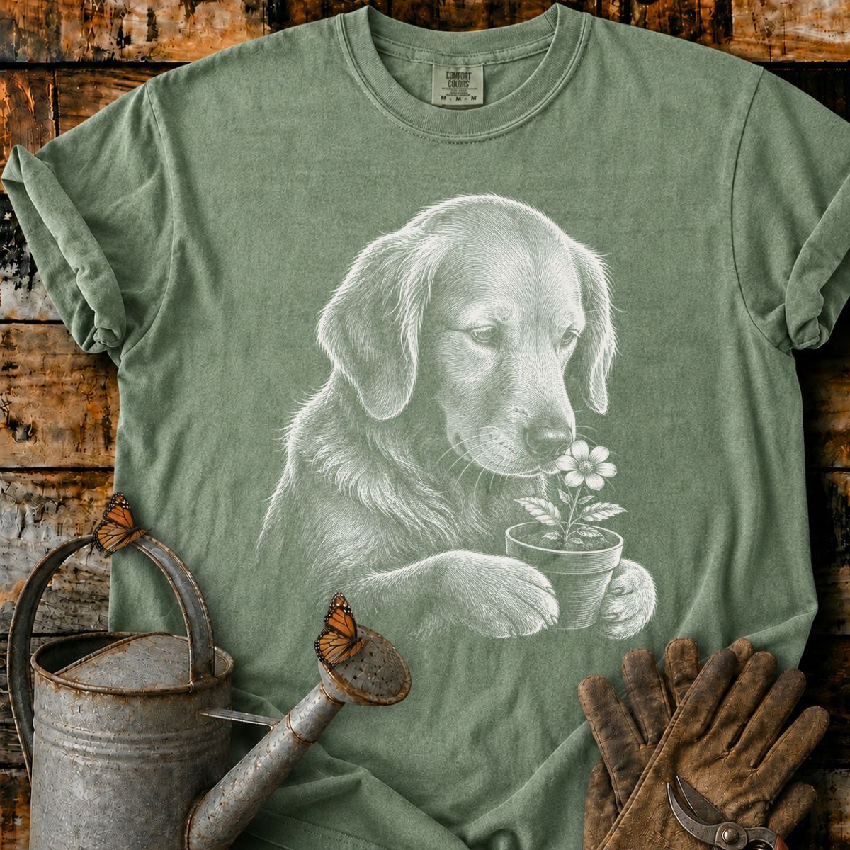 Golden Retriever With Flower Pot Art T-Shirt