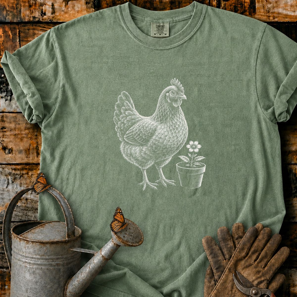 Hen With Flower Pot Art T-Shirt