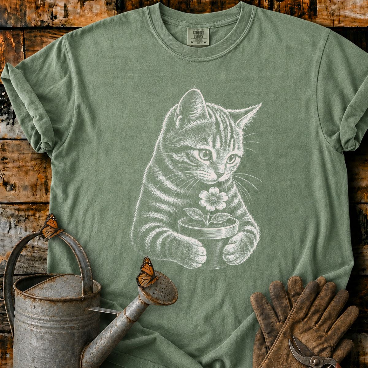 Orange Tabby With Flower Pot Art T-Shirt
