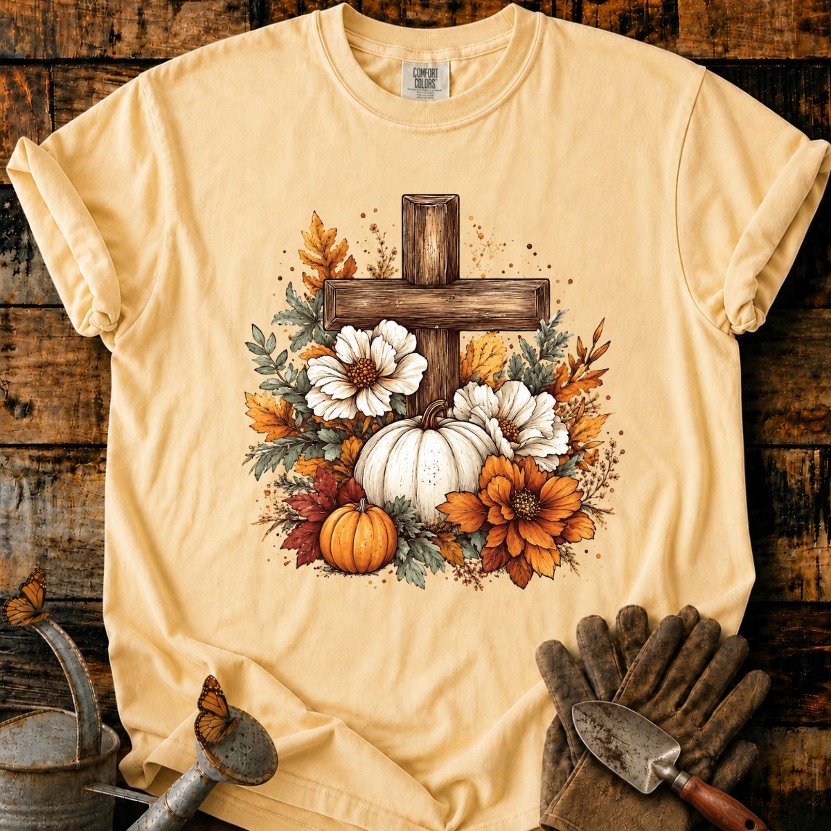 Rustic Autumn Cross with Pumpkins T-Shirt