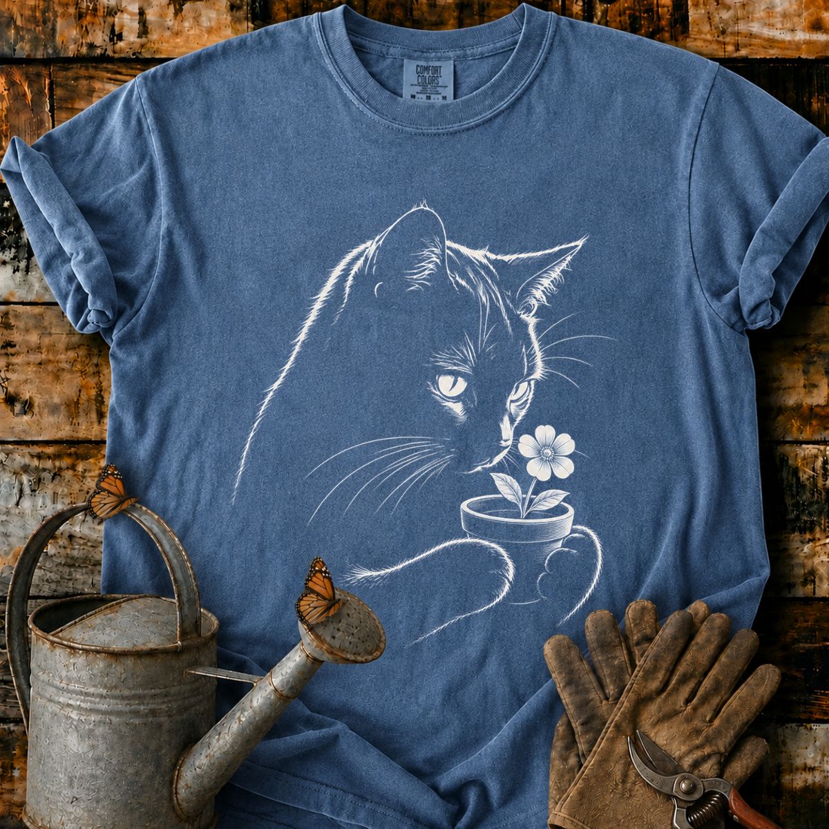 Black Cat With Flower Pot Art T-Shirt