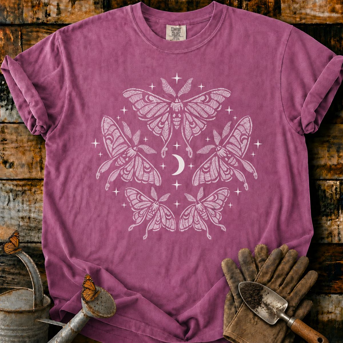 Five Luna Moths Around a Crescent Moon T-Shirt