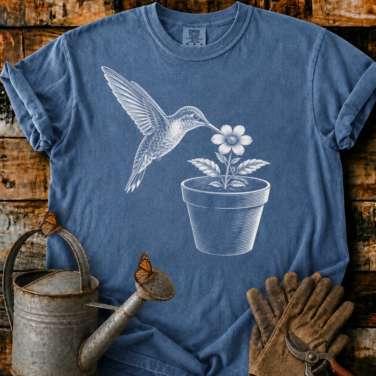 The hummingbird With Flower Pot Art T-Shirt