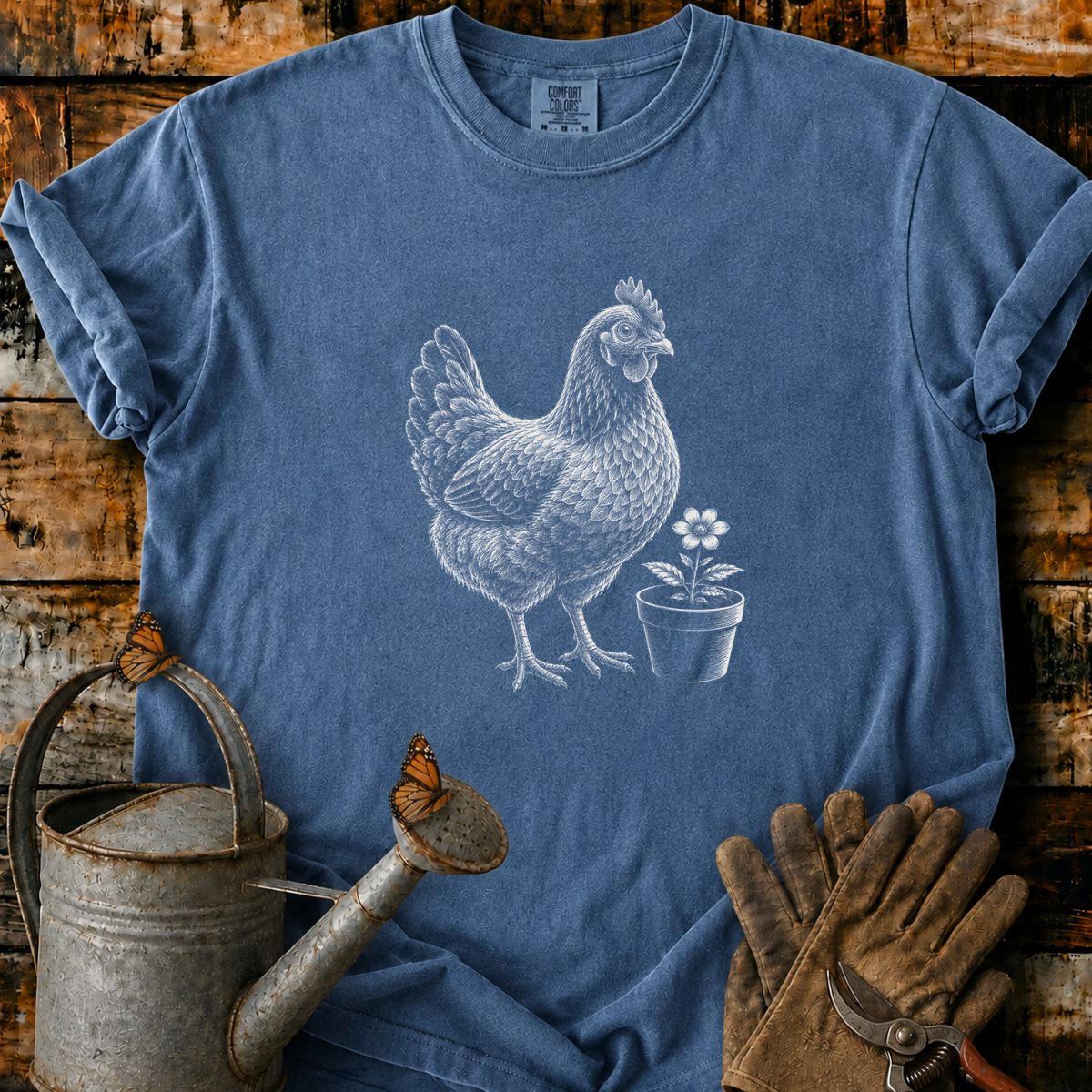 Hen With Flower Pot Art T-Shirt