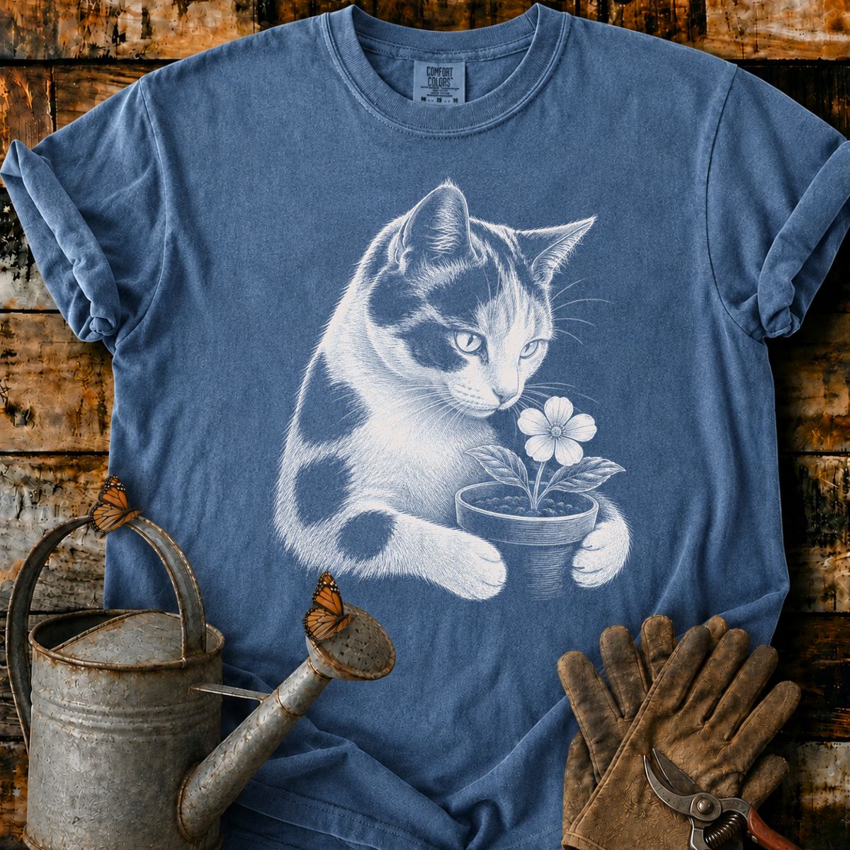 Calico Cat With Flower Pot Art T-Shirt