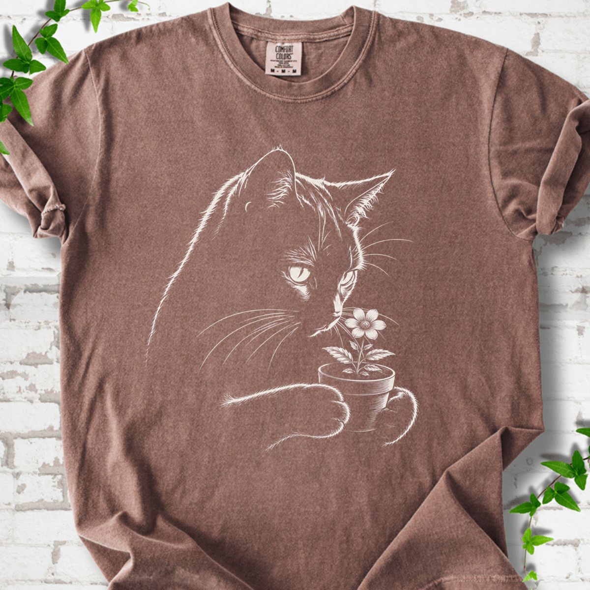 Cat With Flower Pot Art T-Shirt