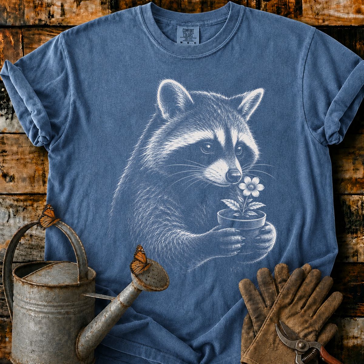 Raccoon With Flower Pot Art T-Shirt