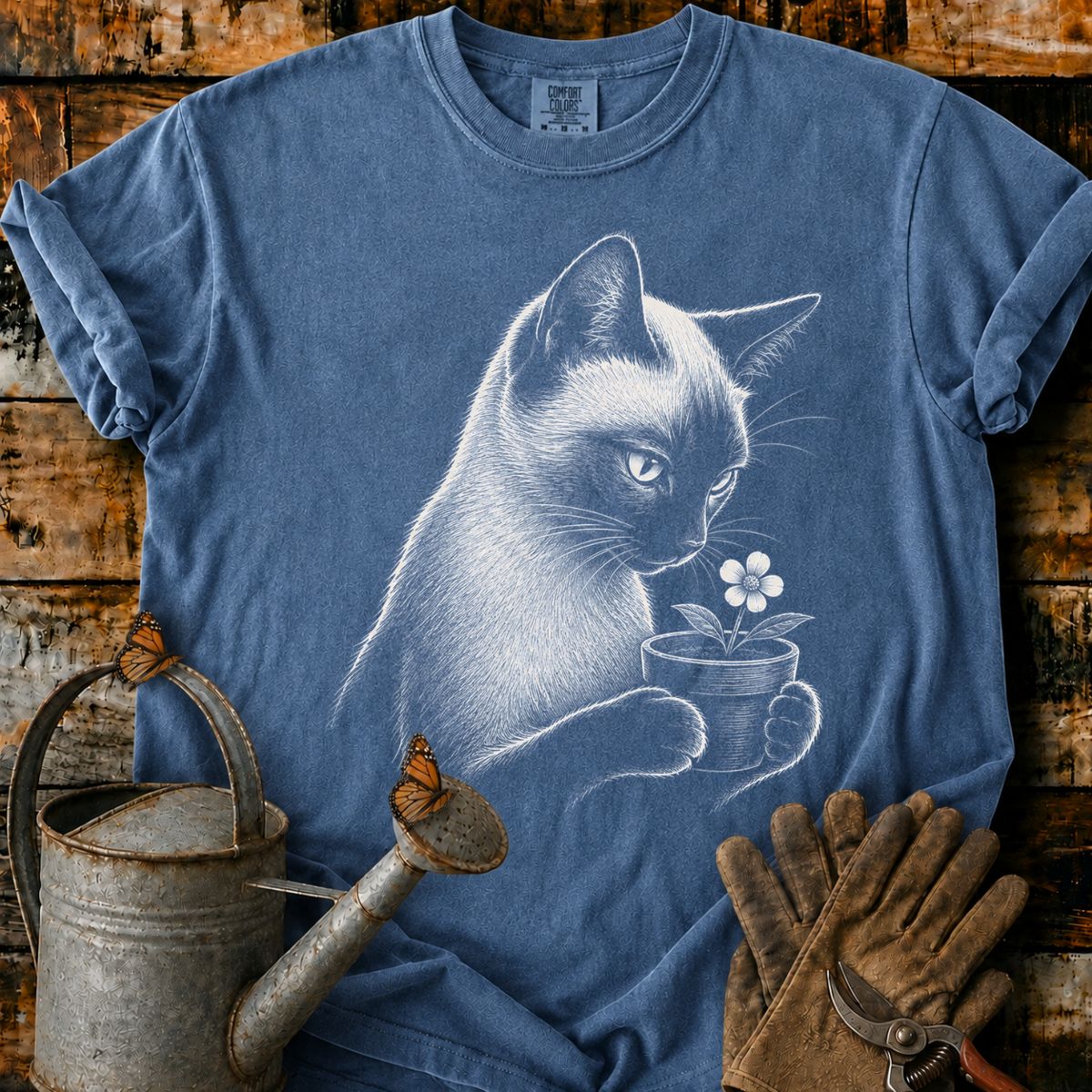 Siamese Cat With Flower Pot Art T-Shirt
