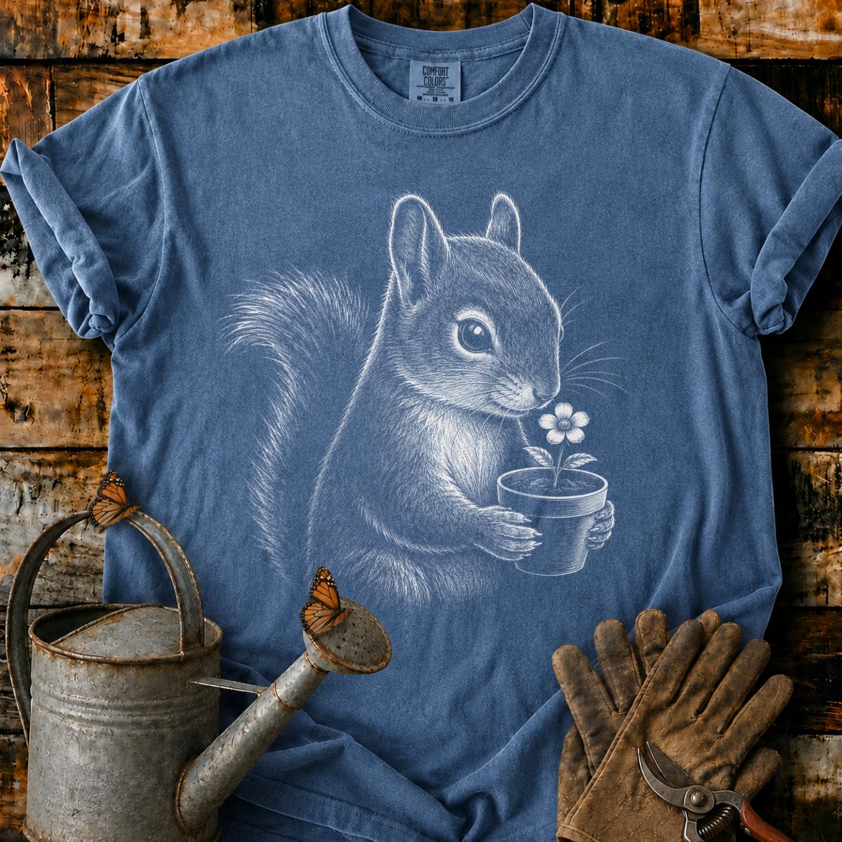 Squirrel With Flower Pot Art T-Shirt