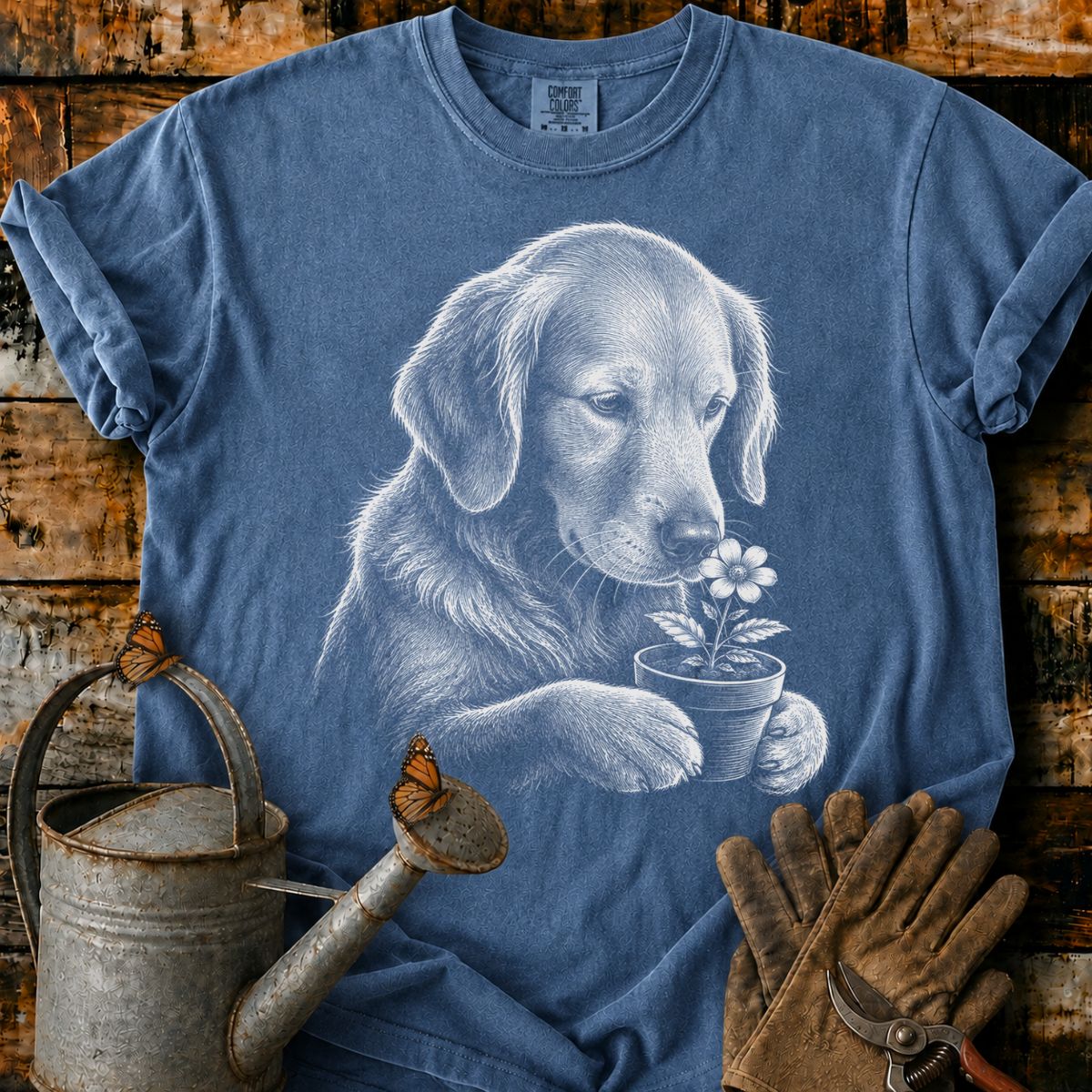 Golden Retriever With Flower Pot Art T-Shirt