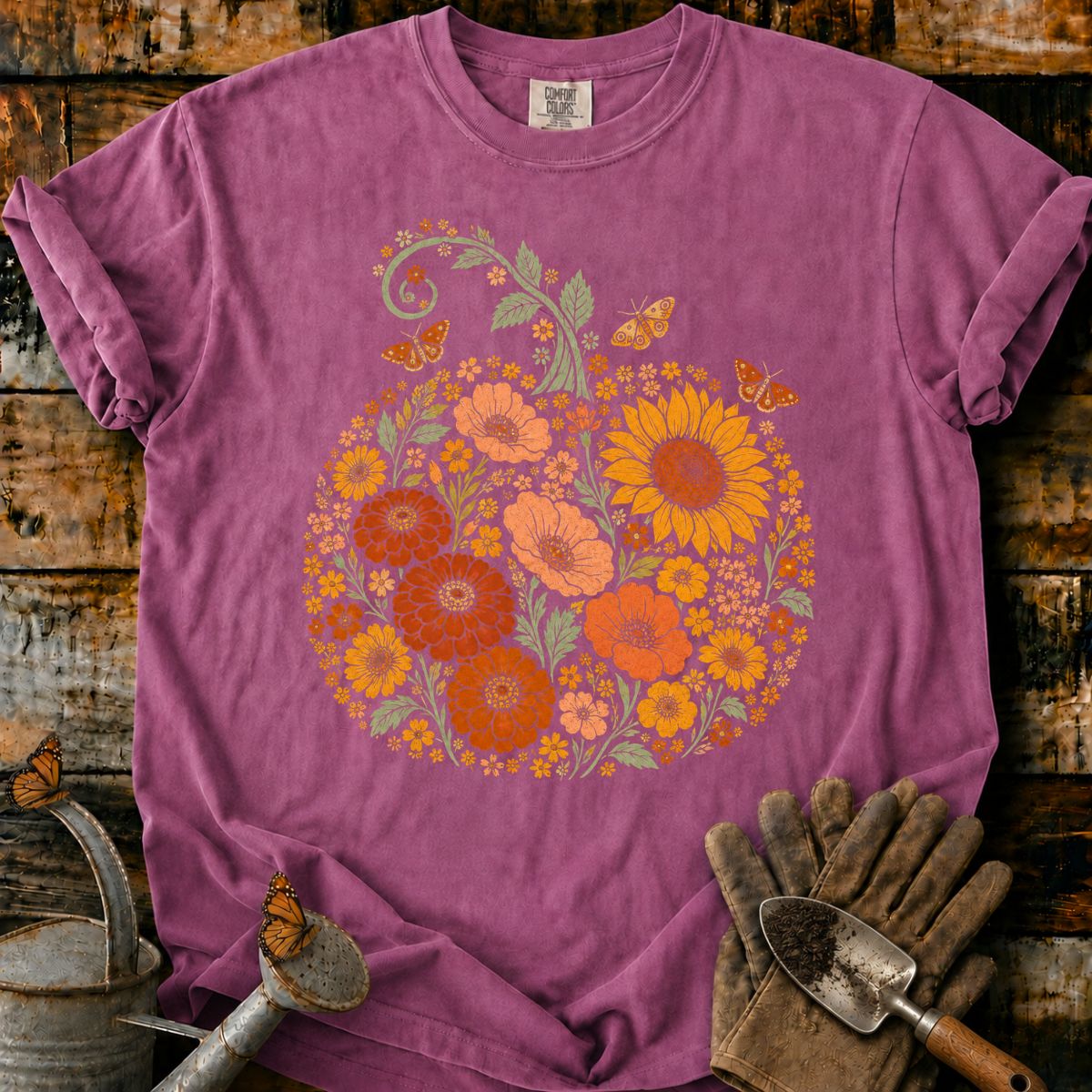 Asymmetrical Meadow Pumpkin with Sunflower and Moths T-Shirt