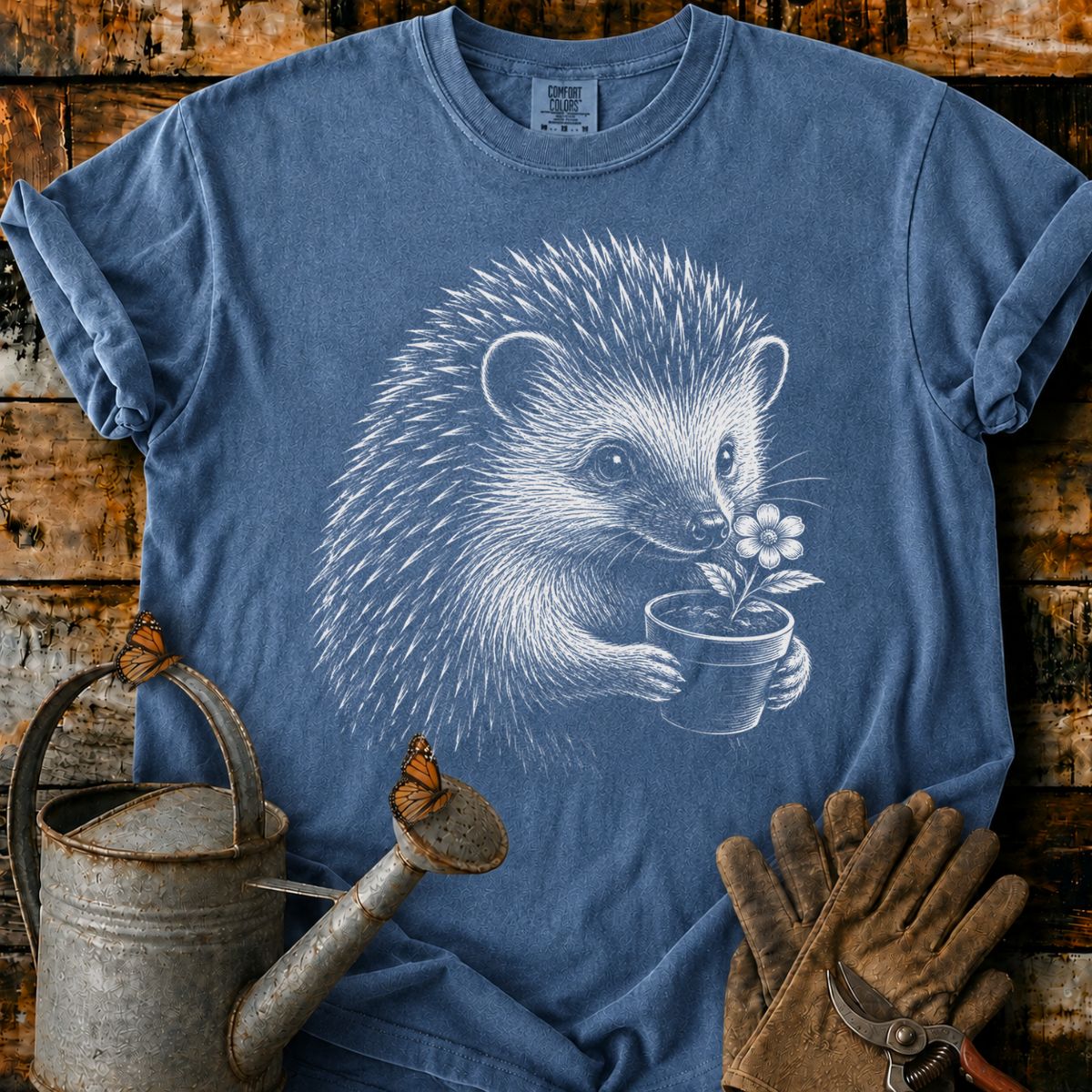 Hedgehog With Flower Pot Art T-Shirt