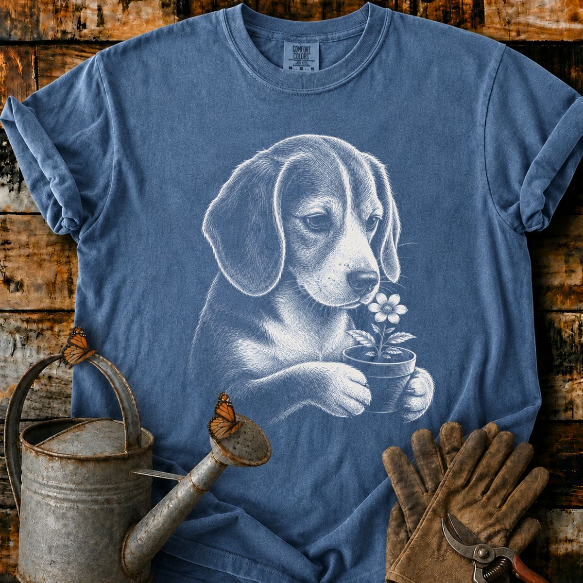 Beagle With Flower Pot Art T-Shirt