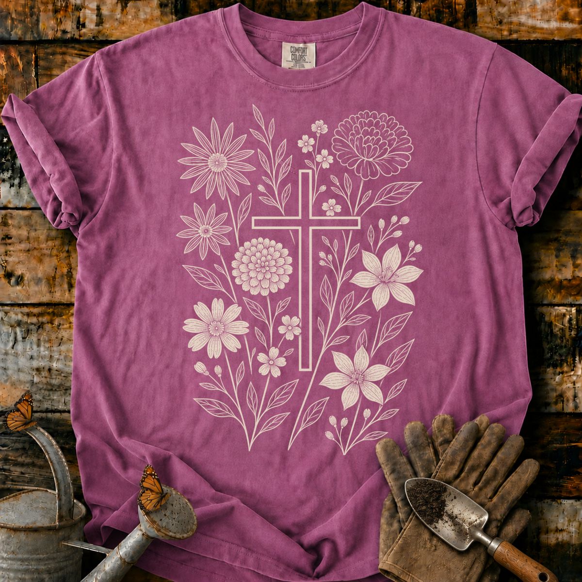 Vintage Botanical Cross Engraving T-Shirt