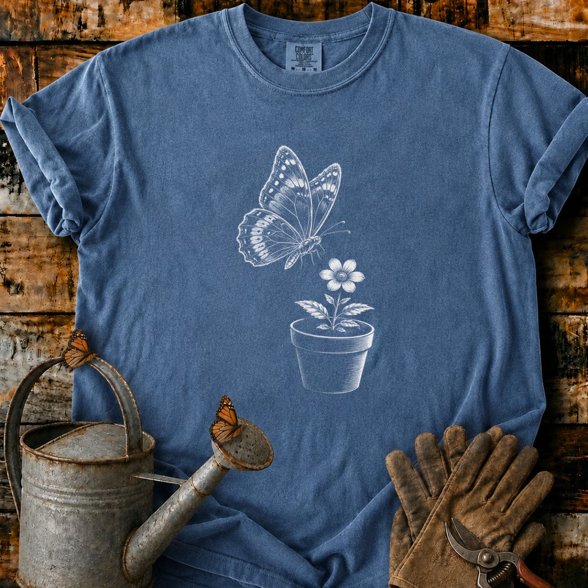 Butterfly With Flower Pot Art T-Shirt