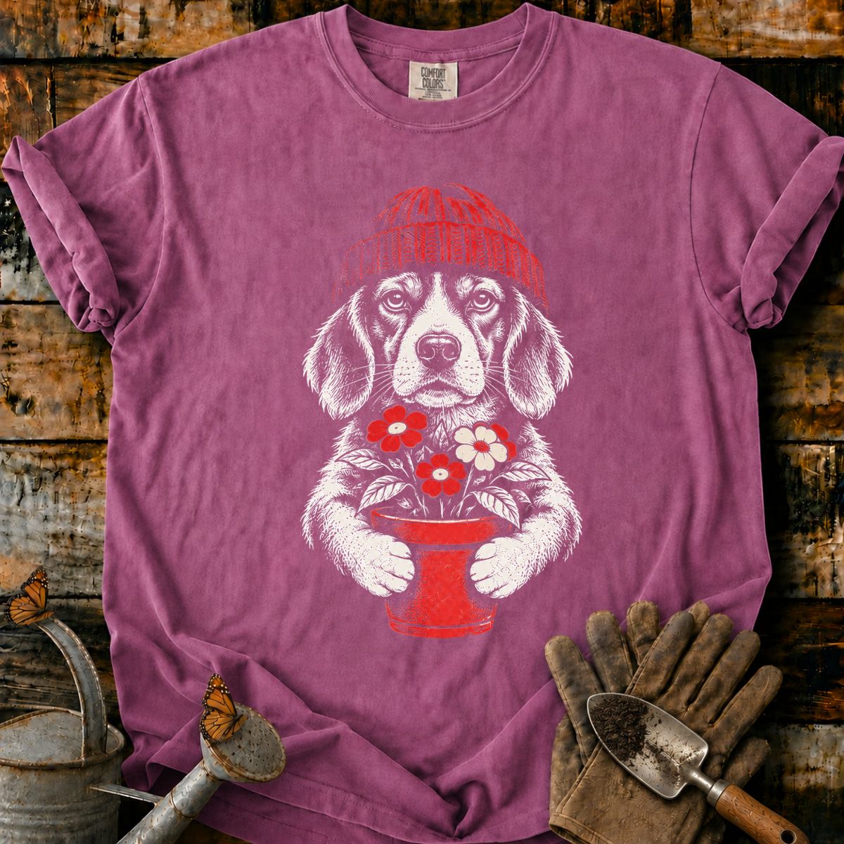 Beagle in Red Beanie with Flowers T-Shirt