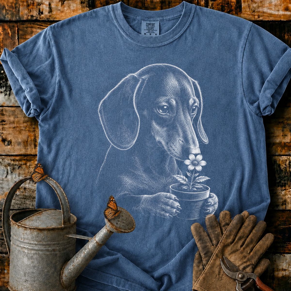 Dachshund With Flower Pot Art T-Shirt