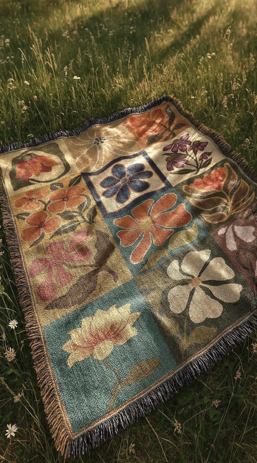 Retro Floral Grid Woven Blanket