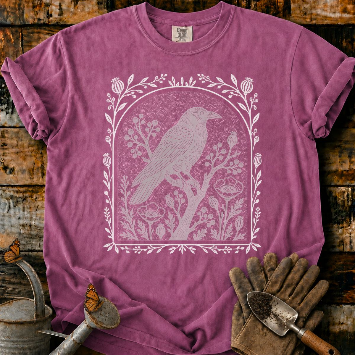 Lone Raven in a Botanical Arch T-Shirt